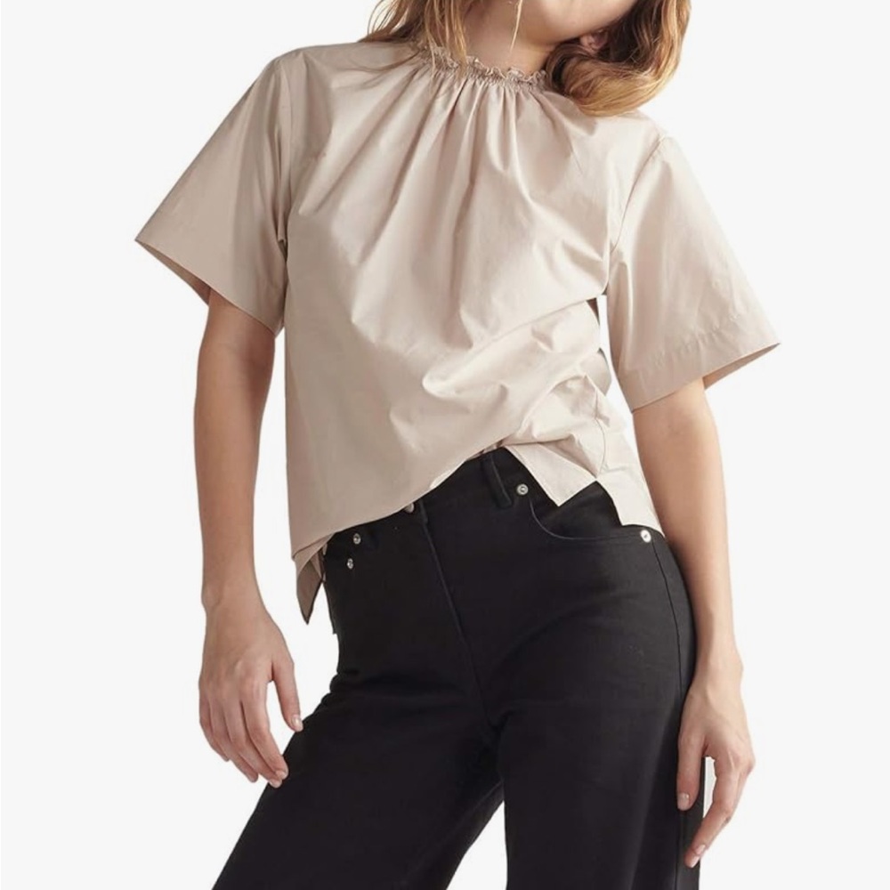 Thakoon Cream Short Sleeve Gathered Neck Blouse
